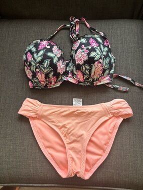 Floral Black & Pink Padded Bikini Top with Peach Bikini Bottom